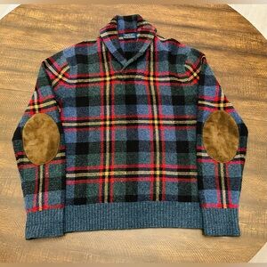 VTG Polo Ralph Lauren Wool Men’s Sweater Shawl Collar Plaid Leather Elbows-Large